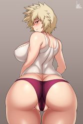 Rule 34 | 1girl, absurdres, ass, bakugou mitsuki, blonde hair, blush, boku no hero academia, breasts, butt crack, from behind, grey background, highres, huge ass, jmg, large breasts, looking at viewer, looking back, mature female, multiple views, open mouth, panties, purple panties, red eyes, shiny clothes, shiny skin, short hair, sideboob, simple background, skirt, smile, solo, thighs, underwear, wide hips