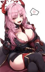 Rule 34 | 1girl, absurdres, belt, black belt, black gloves, black thighhighs, blue archive, bra, breasts, cleavage, demon horns, doyoon 7, fangs, garter straps, gloves, halo, heart, highres, holding, holding riding crop, horns, large breasts, long hair, military, military uniform, mole, mole on breast, necktie, open mouth, pink eyes, pink hair, red bra, red necktie, riding crop, satsuki (blue archive), solo, spoken heart, thighhighs, underwear, uniform