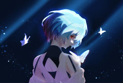 Rule 34 | 1girl, absurdres, ayanami rei, back cutout, blue hair, bug, butterfly, chinese commentary, clothing cutout, commentary request, dappled moonlight, dated, from behind, halterneck, highres, insect, light smile, looking at viewer, looking back, moonlight, nape, neon genesis evangelion, night, pale skin, rebuild of evangelion, red eyes, shi boyuan, short hair, signature, solo, white butterfly