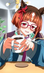 Rule 34 | 1girl, absurdres, animal ears, blue jacket, blurry, blurry background, blush, brown hair, coffee, coffee mug, collared shirt, commentary request, cup, glasses, headphones, headphones around neck, highres, holding, holding cup, horse ears, horse girl, indoors, jacket, long sleeves, looking at viewer, mug, necktie, open clothes, open jacket, open mouth, purple necktie, red-framed eyewear, red eyes, shirt, short hair, solo, steam, table, transcend (umamusume), umamusume, white shirt, y k (user maxh5525)