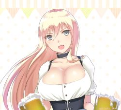 Rule 34 | 10s, 1girl, alcohol, alternate costume, bad id, bad pixiv id, beer, beer mug, bismarck (kancolle), blonde hair, blue eyes, blush, breasts, cleavage, cup, dirndl, eko, female focus, german clothes, kantai collection, large breasts, long hair, looking at viewer, mug, oktoberfest, open mouth, smile, solo