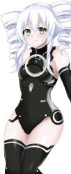 Rule 34 | 1girl, black sister, bodysuit, drill hair, flat chest, green eyes, highres, looking at viewer, matrixjudge, neptune (series), thick thighs, thighhighs, thighs, tsundere, twin drills, twintails, uni (neptunia), white hair