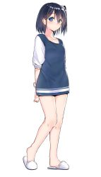 Rule 34 | 1girl, arm grab, arms behind back, bare legs, black hair, blue eyes, blush, commentary request, contrapposto, dress, full body, hair between eyes, looking at viewer, original, shirt, short dress, short hair, side ponytail, simple background, slippers, solo, standing, suzunari shizuku, white background, yuki arare