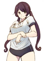 Rule 34 | 1girl, b-maru, breasts, brown hair, buruma, cowboy shot, gluteal fold, green eyes, gym shirt, gym uniform, highres, holding own wrist, looking at viewer, medium breasts, original, plump, shirt, short sleeves, simple background, smile, solo, thighs, twintails, white background