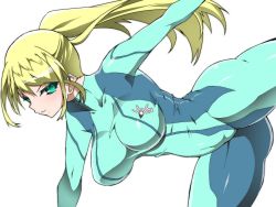 Rule 34 | ass, blonde hair, breasts, green eyes, highres, large breasts, metroid, mole, mole under mouth, nintendo, ohako, samus aran, skin tight, thighs, zero suit