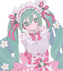 Rule 34 | 1girl, aqua nails, blush, bow, bowtie, dress, drill hair, expressionless, flower, frilled hairband, frills, green eyes, green hair, green nails, hair between eyes, hair flower, hair ornament, hair ribbon, hairband, hakudaku, hatsune miku, head tilt, heart, highres, long hair, looking at viewer, own hands together, pink bow, pink bowtie, pink dress, pink ribbon, ribbon, simple background, solo, strawberry miku (morikura), twin drills, upper body, very long hair, vocaloid, white background