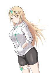Rule 34 | 1girl, absurdres, bike shorts, black shorts, blonde hair, breasts, casual, closed mouth, core crystal (xenoblade), cowboy shot, dutch angle, earrings, fukai asase, highres, hood, hoodie, jewelry, large breasts, long hair, looking at viewer, mythra (xenoblade), shorts, simple background, solo, swept bangs, thigh strap, white background, white hoodie, xenoblade chronicles (series), xenoblade chronicles 2, yellow eyes