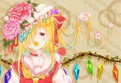 Rule 34 | 1girl, adapted costume, ayaaka (yasaki), breasts, brown background, collarbone, crystal, flandre scarlet, flower, frilled shirt collar, frills, hair over one eye, hat, hat flower, hat ribbon, leaf, long hair, looking at viewer, mob cap, multicolored wings, neckerchief, one side up, pink flower, puffy short sleeves, puffy sleeves, red eyes, red flower, red ribbon, red vest, ribbon, sailor collar, shirt, short sleeves, small breasts, solo, striped, striped background, teardrop facial mark, touhou, upper body, vertical stripes, vest, white hat, white sailor collar, white shirt, wings, yellow flower, yellow neckerchief