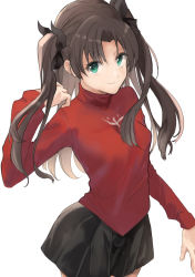 Rule 34 | 1girl, black hair, black ribbon, black skirt, breasts, fate/stay night, fate (series), gorogoronemuri, green eyes, hair ribbon, highres, long hair, long sleeves, medium breasts, miniskirt, pleated skirt, red sweater, ribbon, simple background, skirt, smile, solo, sweater, tohsaka rin, two side up, white background