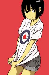 Rule 34 | 1girl, air force roundel, bad id, bad tumblr id, black eyes, black hair, clothes pull, collarbone, cowboy shot, denim, denim shorts, highres, hosoo, insignia, looking to the side, original, red background, royal air force, shirt, shirt pull, shirt tug, short shorts, short sleeves, shorts, simple background, solo, t-shirt, white shirt