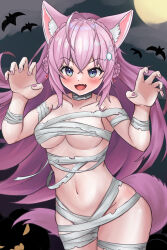 Rule 34 | 1girl, animal ear fluff, animal ears, antenna hair, blush, breasts, claw pose, fang, full moon, hakui koyori, halloween, halloween costume, hexagon hair ornament, highres, hololive, kawanoneko, large breasts, long hair, looking at viewer, moon, mummy costume, nail polish, open mouth, pink nails, skin fang, smile, solo, tail, virtual youtuber, wolf ears, wolf girl, wolf tail