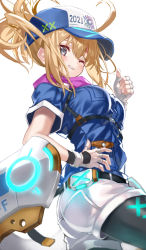 Rule 34 | 1girl, 2021, ahoge, alternate costume, artoria pendragon (fate), baseball cap, black pantyhose, blonde hair, blue shirt, chaldea logo, fate/grand order, fate (series), fingerless gloves, floating hair, gloves, grin, hand on own hip, hat, mysterious heroine x (fate), mysterious heroine xx (fate), mysterious heroine xx (festival outfit) (fate), new year, one eye closed, pantyhose, pantyhose under shorts, ponytail, print headwear, purple scarf, scarf, shino (eefy), shirt, short sleeves, shorts, simple background, smile, solo, thumbs up, white background, white shorts