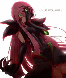 Rule 34 | 10s, 1girl, arai nobu, armor, blood, blood on clothes, blood on face, blush, bodysuit, claws, covering privates, female focus, gloves, green eyes, hornet sonia, long hair, looking at viewer, pauldrons, pink hair, saint seiya, saint seiya omega, shoulder armor, simple background, solo, very long hair, white background