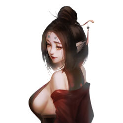 1girl absurdres animal_ears bare_shoulders black_hair black_myth:_wukong breasts brown_eyes chinese_clothes chinese_commentary commentary commentary_request eyelashes facial_tattoo fox_ears fox_girl hair_bun hair_ornament hanfu highres jewelry l_gaofan large_breasts lipstick looking_back makeup pingping_(black_myth:_wukong) pointy_ears short_hair sideboob signature simple_background solo tattoo upper_body white_background