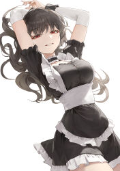 Rule 34 | 1girl, absurdres, arms up, black dress, black hair, breasts, choker, cotta (heleif), detached sleeves, dress, frilled choker, frills, grin, highres, large breasts, long hair, looking at viewer, original, puffy short sleeves, puffy sleeves, red eyes, short sleeves, smile, solo