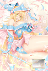 Rule 34 | 1girl, absurdres, arm warmers, ass, bare shoulders, blonde hair, blue footwear, blue headwear, blue leotard, blush stickers, bow, breasts, calcio, choker, cleavage, dark magician girl, duel monster, gameplay mechanics, green eyes, hair between eyes, hexagram, highres, jewelry, large breasts, leotard, necklace, open clothes, open mouth, pentacle, pentagram, pink background, pink bow, pink skirt, skirt, solo, staff, torn clothes, wand, wavy mouth, yu-gi-oh!