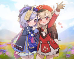 Rule 34 | 2girls, ahoge, arm up, backpack, bad id, bad twitter id, bag, bead necklace, beads, blonde hair, blurry, blurry background, blush, braid, closed mouth, dress, feathers, genshin impact, hair ornament, hat, hat feather, heart, highres, jewelry, klee (genshin impact), long hair, long sleeves, low twintails, lunia, multiple girls, necklace, open mouth, pointy ears, purple hair, purple headwear, qingdai guanmao, qiqi (genshin impact), red dress, red headwear, shorts, single braid, twintails, unfinished, yuri