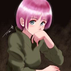 Rule 34 | 1girl, black background, blush, chutohampa, covering own mouth, green shirt, grey eyes, looking at viewer, original, purple hair, shirt, short hair, signature, simple background, solo, upper body
