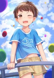 Rule 34 | 1boy, absurdres, animal print, asuma up, balloon, blue shirt, blush, brown eyes, brown hair, brown shorts, child, cloud, cloudy sky, commentary request, contrail, cowboy shot, day, fish print, hand on railing, highres, looking at viewer, male focus, navel, one eye closed, open mouth, original, outdoors, shirt, short hair, short sleeves, shorts, sky, string, sweat, teeth, upper teeth only