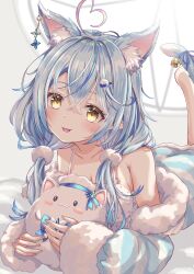 Rule 34 | 1girl, absurdres, ahoge, animal ear fluff, animal ears, barefoot, bell, blue hair, blush, breasts, cat ears, cat girl, cat tail, cleavage, coat, extra ears, fur-trimmed coat, fur trim, hair ornament, hairpin, heart, heart ahoge, highres, hololive, large breasts, lingmu, looking at viewer, multicolored hair, official alternate costume, open mouth, pajamas, pointy ears, polka dot, polka dot pajamas, smile, streaked hair, tail, tail bell, tail ornament, virtual youtuber, white coat, yellow eyes, yukihana lamy, yukihana lamy (loungewear), yukimin (yukihana lamy)