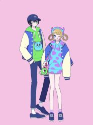 Rule 34 | 1boy, 1girl, bag, black hair, blonde hair, blue eyes, blue footwear, blue hat, blue hoodie, blue pants, braided hair rings, closed mouth, commentary request, drawstring, fukuhara ann, full body, green eyes, green hoodie, hair between eyes, hat, highres, hood, hood down, hoodie, jacket, james p. sullivan, king of prism, kougami taiga, long sleeves, looking at viewer, mike wazowski, monsters inc., nyaasechan, one eye closed, open clothes, open jacket, pants, pretty rhythm, pretty series, shoes, short hair, simple background, smile, socks, standing, tongue, tongue out