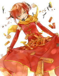 Rule 34 | 1girl, beef jerky (food), box, bun cover, chinese clothes, double bun, food, food in mouth, gintama, highres, kagura (gintama), mouth hold, neko3, red hair, scarf, short hair, smile, solo