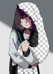 Rule 34 | 1girl, aged down, black sailor collar, blue neckerchief, brown eyes, brown hair, closed mouth, commentary, covering privates, empty eyes, fake transparency, neckerchief, project sekai, sailor collar, school uniform, serafuku, shaded face, shinonome ena, shirt, short hair, solo, tears, umiu ash, upper body, veil, white background, white shirt
