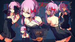 Rule 34 | 1girl, ahoge, alternate costume, arms up, at2., bare shoulders, black dress, black thighhighs, blush, commentary request, doorknob, dress, elbow gloves, gloves, hair ribbon, highres, leaning forward, looking at viewer, looking back, open mouth, purple eyes, purple hair, red ribbon, ribbon, scared, short dress, short hair, short hair with long locks, sleeveless, sleeveless dress, solo, sweat, thighhighs, trembling, vocaloid, voiceroid, wavy mouth, yuzuki yukari, zettai ryouiki
