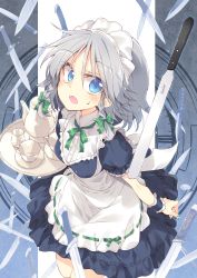 Rule 34 | 1girl, apron, blue dress, blue eyes, blue nails, blush, bow, braid, breasts, cup, dress, green bow, hair bow, izayoi sakuya, knife, looking at viewer, looking up, maid, maid headdress, medium breasts, nail polish, neck ribbon, open mouth, puffy short sleeves, puffy sleeves, ribbon, ribbon-trimmed apron, ribbon trim, satou kibi, short hair, short sleeves, side braid, silver hair, solo, sweatdrop, teacup, teapot, touhou, tray, twin braids, waist apron, white apron, wrist cuffs