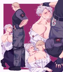 Rule 34 | 2boys, absurdres, bara, bare pectorals, belt, black belt, black gloves, black pants, black shirt, blonde hair, blush, cum, cum in mouth, cum on male, ejaculation, erection, facial, fellatio, fingerless gloves, gloves, hand on another&#039;s head, heart, heart-shaped pupils, highres, jack krauser, kneeling, large pectorals, leon s. kennedy, looking at another, male focus, multiple boys, muscular, muscular male, nipples, off shoulder, official alternate costume, on (isk1812), oral, pants, pectorals, penis, pillow, resident evil, resident evil 4, resident evil 4 (remake), scar, scar across eye, scar on face, shirt, short hair, sucking male nipple, symbol-shaped pupils, white hair, white shirt, yaoi