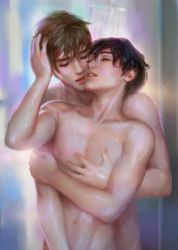 Rule 34 | 10s, 2boys, bathroom, black hair, blurry, blurry background, brown hair, collarbone, couple, dripping, closed eyes, free!, hand on head, hand on own chest, highres, indoors, j-witless, leaning, male focus, midriff, multiple boys, nanase haruka (free!), navel, nipples, nude, open mouth, realistic, room, short hair, shower, tachibana makoto, water, water drop, wet, yaoi