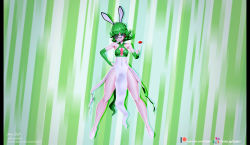 Rule 34 | 1girl, 3d, alternate costume, animal ears, armpits, bare shoulders, blush, breasts, bridal gauntlets, cleavage cutout, clothing cutout, cosplay, curly hair, dress, floating, full body, gardevoir (cosplay), glasses, green dress, green eyes, green hair, hands on own hips, highres, legs, looking at viewer, medium breasts, navel, one-punch man, poke ball, rabbit ears, short hair, solo, tatsumaki, thick thighs, thighs, zy0n7