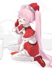 Rule 34 | 1girl, absurdres, blue archive, cottone (highjethoo), highres, hoshino (blue archive), santa costume, sitting, solo, white background