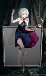 Rule 34 | 1girl, absurdres, an-94 (girls&#039; frontline), an-94 (silent rouge) (girls&#039; frontline), aqua eyes, aquamarine (gemstone), artist name, bare shoulders, black dress, black footwear, blue dress, blueblossom, bracelet, breasts, cleavage, dress, earrings, evening gown, folded ponytail, girls&#039; frontline, gradient dress, halter dress, halterneck, high heels, highres, jewelry, long hair, looking at viewer, medium breasts, official alternate costume, open mouth, sidelocks, solo, standing, standing on one leg, stud earrings, white hair