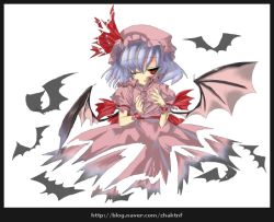 Rule 34 | 1girl, bat (animal), bat wings, dress, female focus, hat, mob cap, pink hat, red eyes, remilia scarlet, simple background, solo, torn clothes, torn dress, touhou, watermark, web address, white background, wings