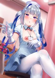 Rule 34 | 1girl, amane kanata, amane kanata (nurse), angel, angel wings, bandaged arm, bandages, blue hair, blunt bangs, colored inner hair, condom, dress, feathered wings, flat chest, frikulu, gloves, hair ornament, hat, highres, hololive, large areolae, long hair, looking at viewer, multicolored hair, nipples, nurse, nurse cap, open mouth, pantyhose, purple eyes, short sleeves, sitting, solo, streaked hair, twintails, used condom, virtual youtuber, white dress, white gloves, white hat, white pantyhose, wings