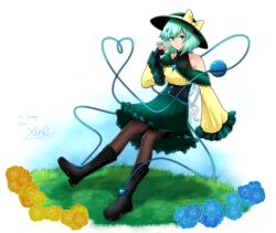 Rule 34 | 1girl, absurdres, adapted costume, bare shoulders, black footwear, black hat, blue flower, blue rose, bow, commentary, dated, english commentary, english text, fingerless gloves, flower, full body, gloves, grass, green eyes, green hair, green skirt, hat, hat bow, heart, heart of string, high-waist skirt, highres, komeiji koishi, long sleeves, outdoors, rose, short hair, signature, skirt, solo, third eye, touhou, white background, xen0moonz, yellow bow, yellow flower, yellow rose