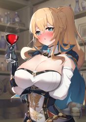 Rule 34 | 1girl, absurdres, alcohol, arm under breasts, band (skymole01), bare shoulders, blonde hair, blue capelet, blue eyes, blush, breasts, capelet, cleavage, commentary request, cup, cupping glass, detached collar, detached sleeves, genshin impact, hair between eyes, hand up, highres, holding, holding cup, indoors, jean (genshin impact), large breasts, long hair, looking at viewer, nose blush, parted lips, ponytail, shirt, sidelocks, solo, strapless, strapless shirt, upper body, wine