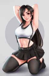 Rule 34 | 1girl, absurdres, alt text, armpits, arms behind head, arms up, artist name, bare arms, belt, belt buckle, black hair, black skirt, breasts, buckle, crop top, final fantasy, final fantasy vii, full body, grey background, highres, jackary, kneeling, leggings, lips, long hair, looking at viewer, medium breasts, midriff, miniskirt, navel, no shoes, red eyes, simple background, skirt, smile, solo, stomach, strap, suspender skirt, suspenders, tank top, thighhighs, thighs, tifa lockhart, white tank top