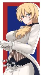 Rule 34 | 1girl, absurdres, aikir (jml5160), black ribbon, blazer, blonde hair, blue eyes, blush, character name, closed mouth, coattails, commentary, cowboy shot, crossdressing, darjeeling (girls und panzer), dated, english text, girls und panzer, gloves, grey vest, hair down, hair over shoulder, hair ribbon, half-closed eyes, happy birthday, highres, jacket, light frown, long hair, looking at viewer, monochrome, own hands together, pants, pinstripe pattern, pinstripe vest, ribbon, silhouette, solo, standing, striped clothes, striped vest, vertical-striped clothes, vertical-striped vest, vest, white gloves, white jacket, white pants