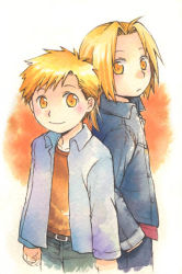 Rule 34 | 2boys, aged down, alphonse elric, arms at sides, back-to-back, belt, blonde hair, blue shirt, brothers, buttons, circle, clenched hands, closed mouth, collarbone, collared jacket, collared shirt, color ink (medium), cropped legs, denim, denim jacket, dress shirt, edward elric, expressionless, facing viewer, fullmetal alchemist, green pants, hand in pocket, happy, height difference, jacket, jeans, light blush, long sleeves, looking at another, looking back, looking to the side, male focus, multiple boys, nib pen (medium), open clothes, open jacket, open shirt, orange background, orange shirt, pants, shirt, siblings, side-by-side, simple background, smile, standing, tareme, traditional media, two-tone background, uho (uhoponta), upper body, white background, yellow eyes