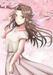 Rule 34 | 1girl, alternate costume, beige dress, branch, brown eyes, brown hair, cherry blossoms, commentary request, cowboy shot, hair intakes, half updo, highres, jintsuu (kancolle), kantai collection, ken (shutenndouji1), long hair, looking at viewer, parted lips, solo