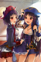 Rule 34 | 2girls, arms up, bare shoulders, belt, bicorne, breasts, ddongu, fang, hat, jacket, jewelry, long hair, lowres, medium breasts, multiple girls, necklace, open mouth, pleated skirt, purple hair, red eyes, rion flina, short hair, sion flina, skirt, skull and crossbones, smile, sword girls