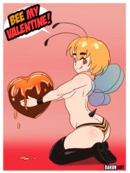 Rule 34 | 1girl, antennae, arthropod girl, ass, bee girl, bee wings, black footwear, black panties, blonde hair, blush, boots, breasts, brown eyes, butt crack, candy, chocolate, chocolate heart, collar, dakunart, dimples of venus, food, fur collar, fur trim, heart, highres, holding, honey, insect girl, insect wings, kneeling, large breasts, licking lips, looking at viewer, mely, panties, pun, red background, short hair, smile, solo, stinger, striped clothes, striped panties, thigh boots, thighhighs, tongue, tongue out, underwear, valentine, wings, wristband, yellow panties