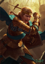 Rule 34 | 1girl, absurdres, armor, army, battle, blonde hair, blue eyes, blue footwear, braid, breastplate, circlet, couter, cowboy shot, full armor, gauntlets, gold armor, greaves, gwent (game), hammer, headband, highres, holding, holding hammer, holding shield, holding weapon, incoming attack, logo, looking at viewer, manuel castanon, meve (witcher), official art, open mouth, pauldrons, people, shield, shoulder armor, single braid, solo focus, standing, war hammer, weapon