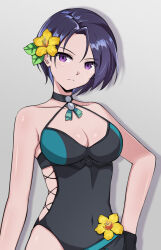 Rule 34 | 1girl, black choker, black one-piece swimsuit, blue hair, choker, commentary request, covered navel, drop shadow, fire emblem, fire emblem: three houses, fire emblem heroes, flower, grey background, hair flower, hair ornament, komurice, looking at viewer, nintendo, official alternate costume, one-piece swimsuit, purple eyes, shamir nevrand, shamir nevrand (summer), short hair, simple background, solo, swimsuit, upper body, yellow flower