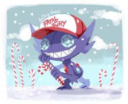 Rule 34 | artsy-theo, baseball cap, candy, candy cane, clothed pokemon, cloud, cloudy sky, creature, creatures (company), day, fatal fury, food, full body, game freak, gen 3 pokemon, grin, hat, holding, holding candy, holding candy cane, holding food, looking at viewer, nintendo, no humans, outdoors, pokemon, pokemon (creature), sableye, signature, sky, smile, solo, standing