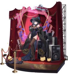 Rule 34 | 1girl, animal ears, aqua eyes, azur lane, black footwear, black headwear, black thighhighs, breasts, capelet, cheshire (azur lane), cheshire (cait sith crooner) (azur lane), china dress, chinese clothes, cleavage, dress, elbow gloves, flower, fur-trimmed capelet, fur trim, gloves, grin, highres, holding, holding microphone, large breasts, looking at viewer, manjuu (azur lane), microphone, multicolored hair, official alternate costume, official art, purple dress, see-through, see-through cleavage, short hair, smile, speaker, standing, streaked hair, thighhighs, thighs, transparent background, yyy (zelda10010)