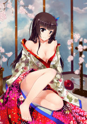 Rule 34 | 1girl, alcohol, bare shoulders, barefoot, black eyes, black hair, breasts, cleavage, collarbone, copyright request, flower, full body, hair flower, hair ornament, highres, hime cut, japanese clothes, kimono, large breasts, long hair, off shoulder, on floor, sakazuki, sake, sitting, smile, solo, toes, toyozero, branch