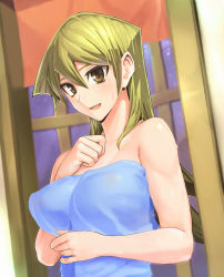 Rule 34 | 1girl, blonde hair, breasts, commentary, female focus, highres, large breasts, long hair, looking at viewer, naked towel, smile, solo, tenjouin asuka, towel, ts422, wet, yellow eyes, yu-gi-oh!, yu-gi-oh! gx